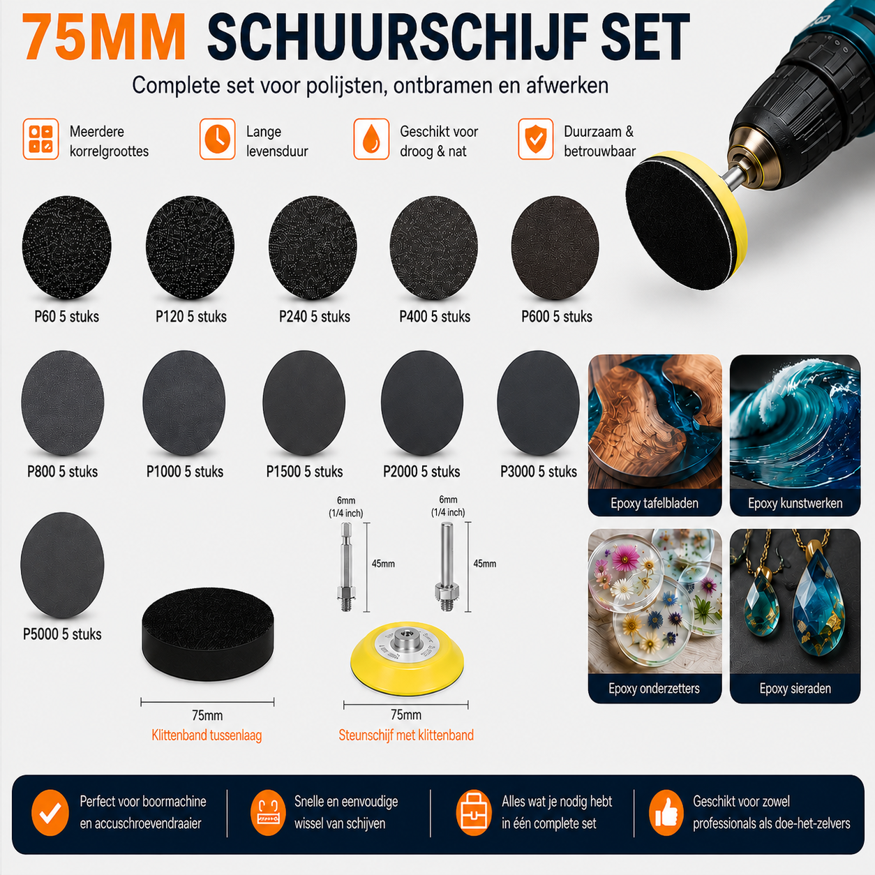 59-delige set 3 inch nat- en droogschuurpapier met korrel P60 tot P5000 voor epoxy resin en polijstwerk.