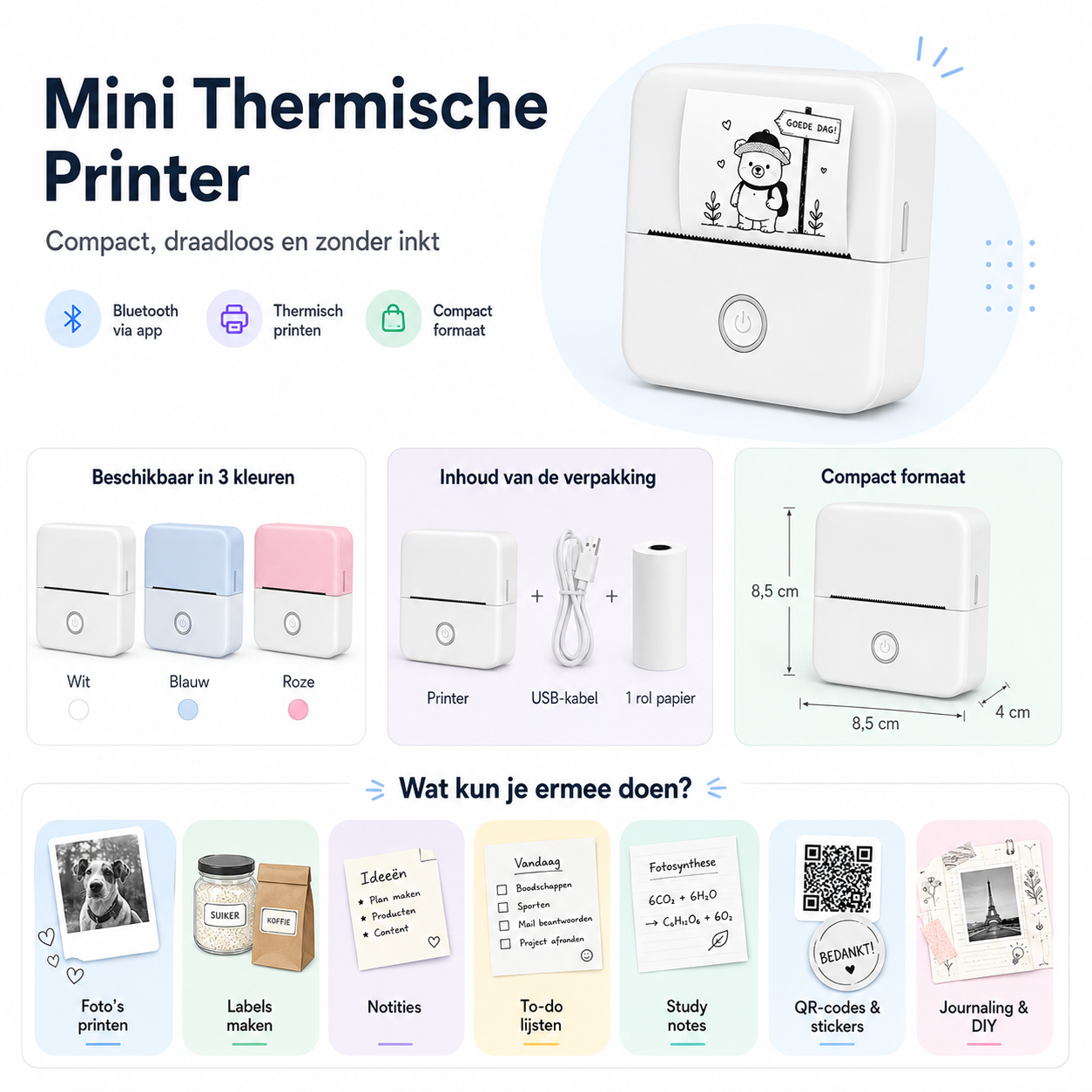 Mini Bluetooth thermische printer in wit voor smartphone en tablet