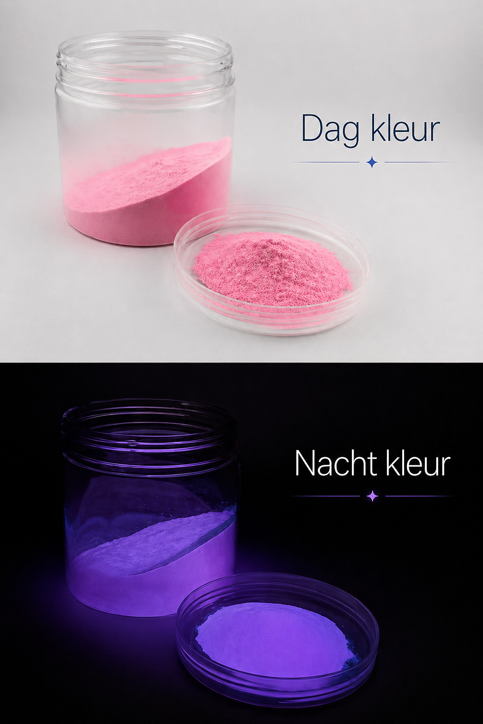 Lichtgevende pigmenten gemengd met epoxyhars die in het donker stralen in heldere blauwe en groene tinten.