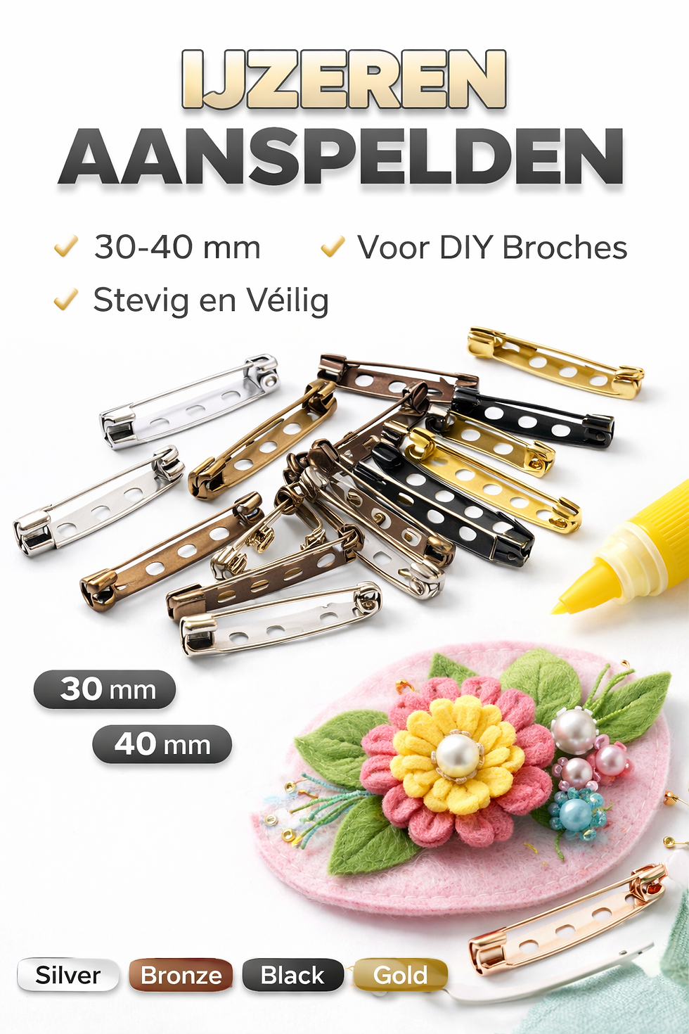 Collectie van ijzeren geperforeerde brochepins in zilver, brons, zwart, goud en rosé goud op een witte achtergrond, inclusief