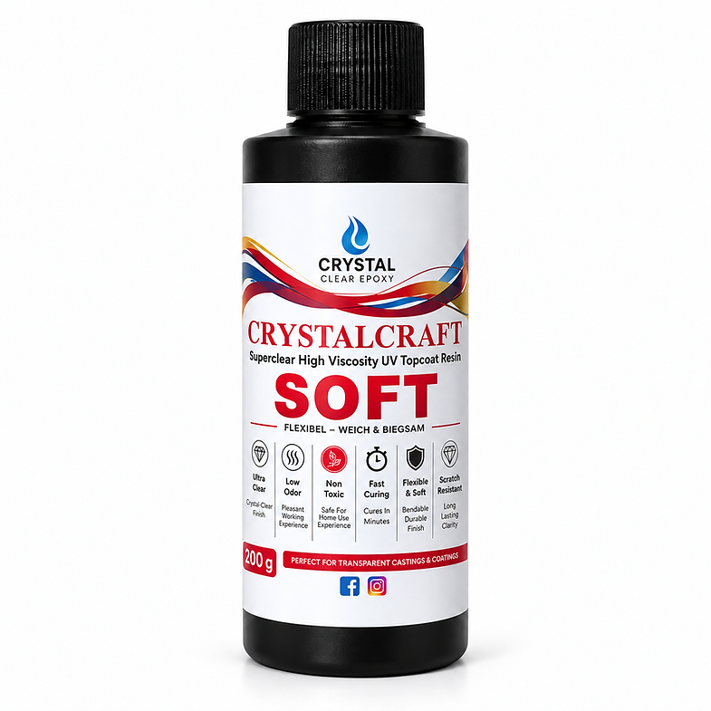 Crystal Clear UV-hars Soft – flexibele, kristalheldere UV-resin voor sieraden, hangers en creatieve DIY-projecten.