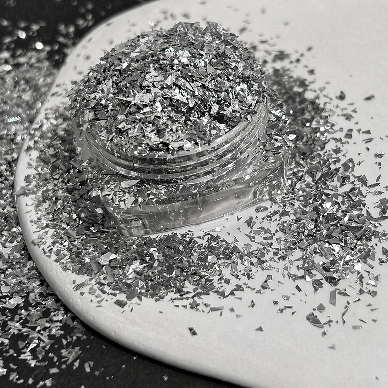 Close-up van ultralichte glitter in epoxyhars met sprankelend effect.