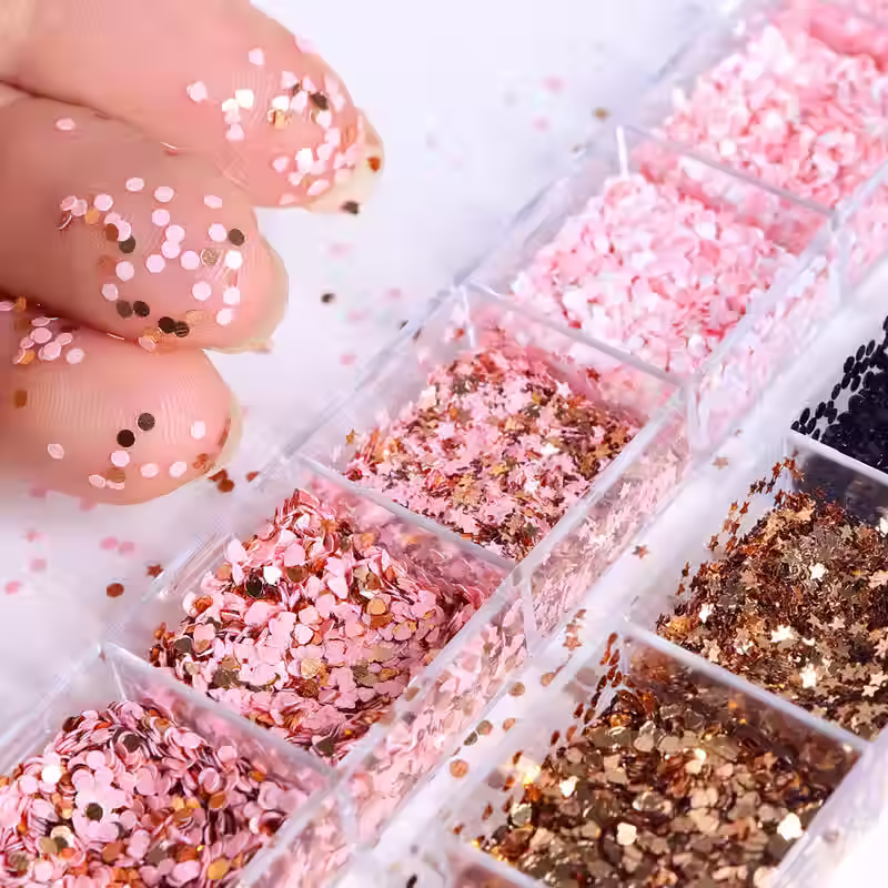 Roze hart- en stervormige epoxyhars vlokken met glinsterende glitter en pailletten, perfect voor DIY sieraden en sleutelhange