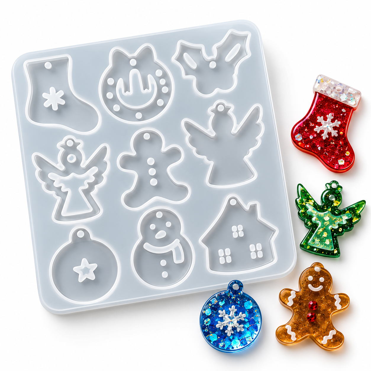 Kerst siliconen mal met 9 verschillende kerstfiguren voor het maken van kerstdecoraties met epoxyhars, gips en boetseerklei.