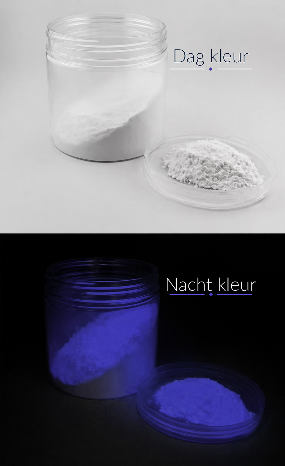 Lichtgevende pigmenten gemengd met epoxyhars die in het donker stralen in heldere blauwe en groene tinten.