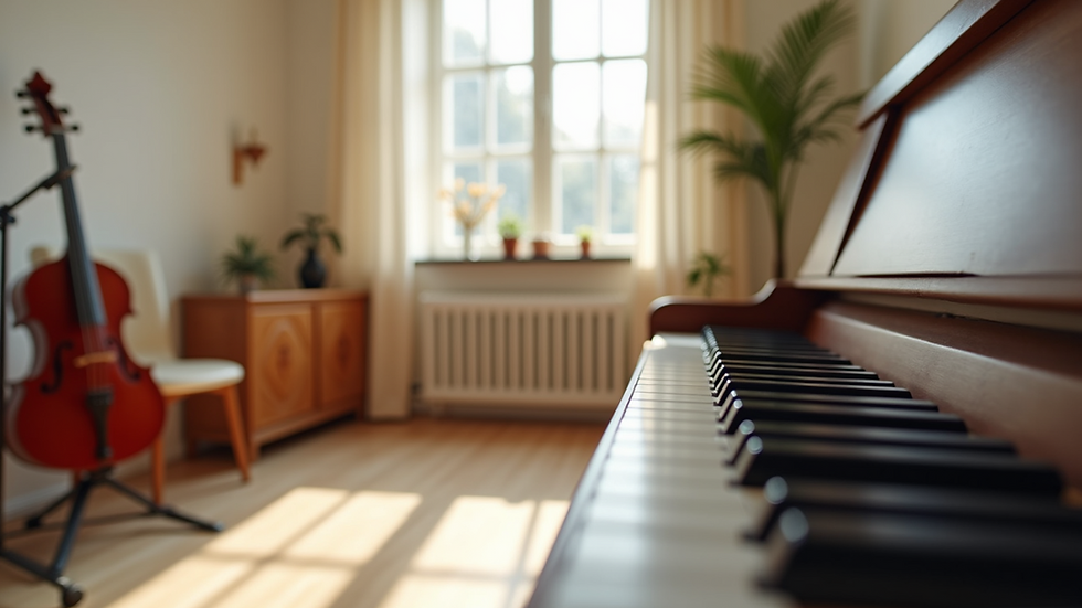 Eye-level view of a serene therapy room with musical instruments arranged neatly