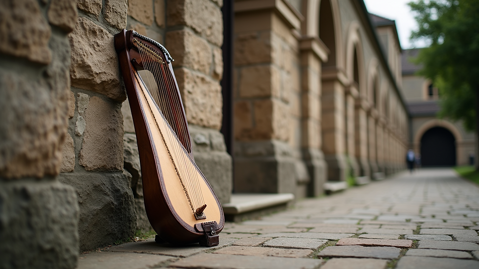 Eye-level view of ancient harp resting against a stone wall