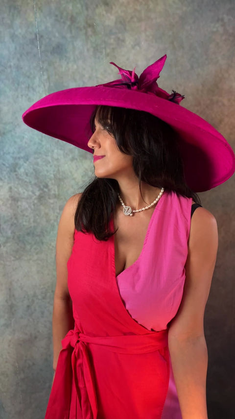 Thumbnail: Fuschia silk Hepburn hat