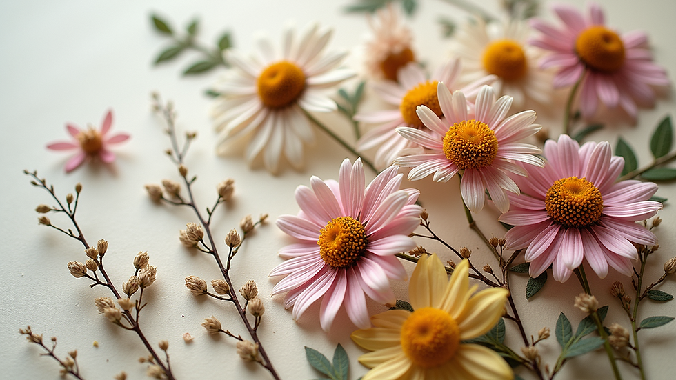 Close-up view of a textured paper collage made from dried and pressed flowers