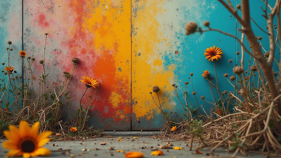 Eye-level view of a vibrant mixed media artwork featuring elements of decay and nature