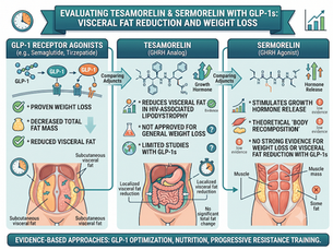 Medical illustration comparing the clinical efficacy of GLP-1 receptor agonists (semaglutide, tirzepatide) with the peptides tesamorelin and sermorelin for weight loss and visceral fat reduction. The infographic highlights that while GLP-1s are proven for weight loss, current clinical evidence does not support tesamorelin or sermorelin as effective routine add-ons for general obesity treatment.