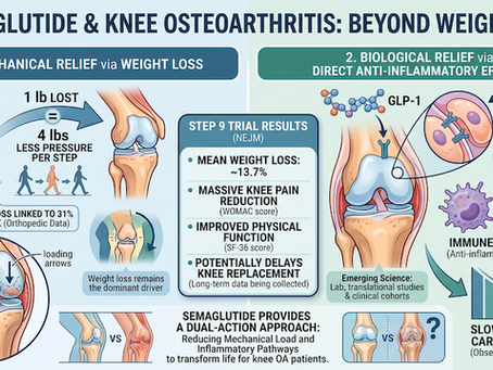 Infographic by Potere Health MD illustrating the mechanical and biological pathways of Semaglutide for knee osteoarthritis relief and surgery prevention.