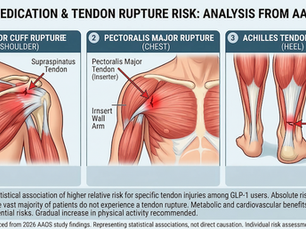 Medical infographic from Potere Health MD showing tendon rupture sites (shoulder, chest, heel) and findings from the 2026 AAOS study on GLP-1 medications.