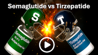 Video thumbnail showing Semaglutide and Tirzepatide medication vials with clashing football helmets, representing the clinical comparison of GLP-1 weight loss treatments at Potere Health MD in St. George, UT.