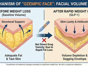 Medical diagram illustrating the mechanism of "Ozempic face" facial volume loss. It compares baseline facial fat support against volume depletion and skin laxity after rapid GLP-1 weight loss, clarifying that the effect is caused by fat reduction rather than direct drug toxicity, as explained by Potere Health MD.