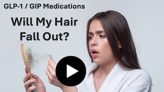 Video thumbnail asking 'Will My Hair Fall Out?' showing a concerned woman holding a hairbrush, explaining that GLP-1 medications do not cause hair loss and discussing the science of temporary telogen effluvium.