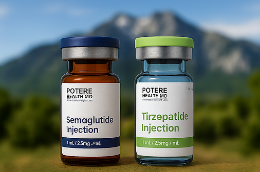 Graphic explaining how semaglutide and tirzepatide support weight loss at a Holladay, Utah GLP-1 clinic. Shows semaglutide reducing appetite, slowing stomach emptying, and improving blood sugar; and tirzepatide activating GLP-1 and GIP for greater metabolic benefits and 15–21% average weight loss.