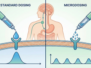 A medical illustration from Potere Health MD comparing standard GLP-1 agonist dosing versus a microdosing strategy. The left panel shows a standard injection resulting in high receptor activation and a single exposure peak. The right panel illustrates microdosing with smaller, frequent injections and lower pharmacokinetic peaks, used to explain the clinical reality of sub-therapeutic dosing.