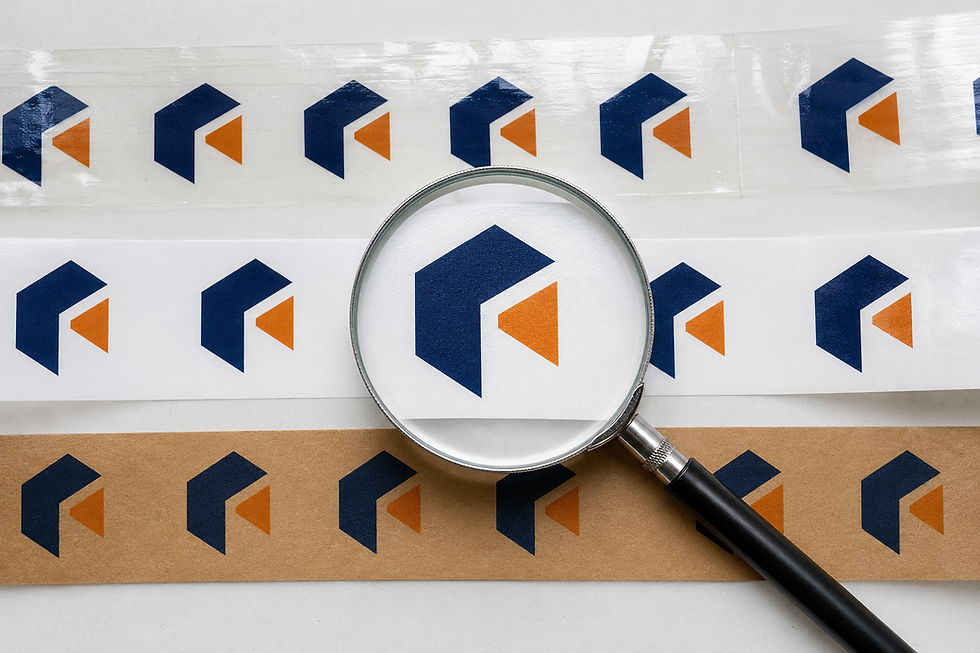 Magnifying glass checking crisp two-colour printing on clear, white and kraft packaging tape