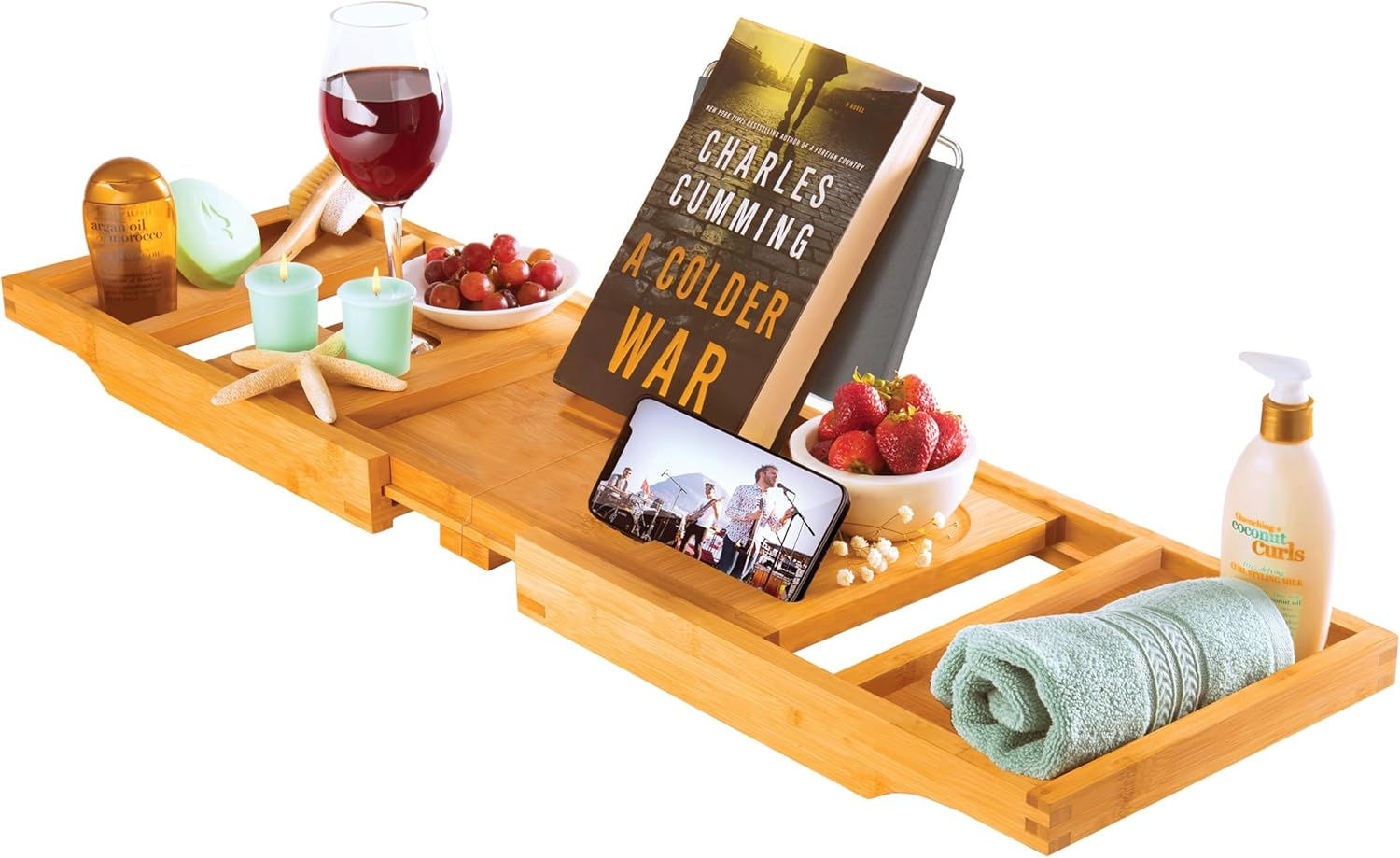 Wooden Bathtub Tray - Foldable Expandable Bamboo Bath Tray
