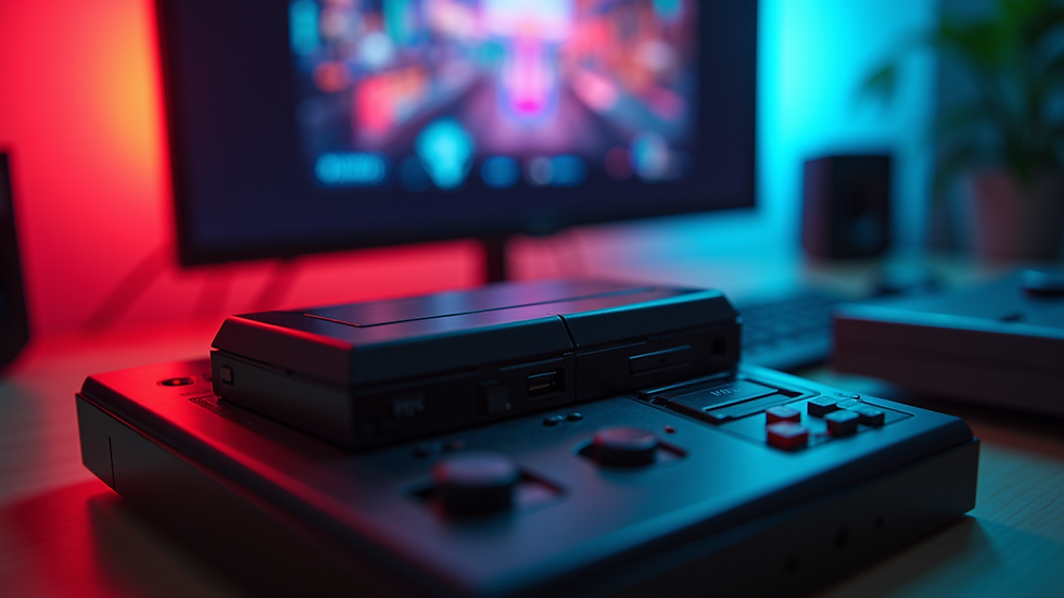 Eye-level view of a retro gaming console with classic game cartridges