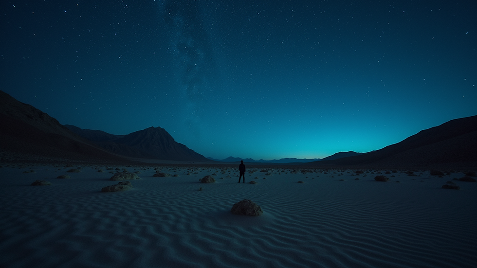 Wide angle view of a desert landscape under a starry night sky