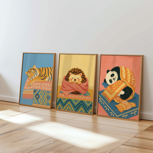 3'lü Poster Seti – Dinlenen Kirpi, Panda ve Kaplan | Mood Object