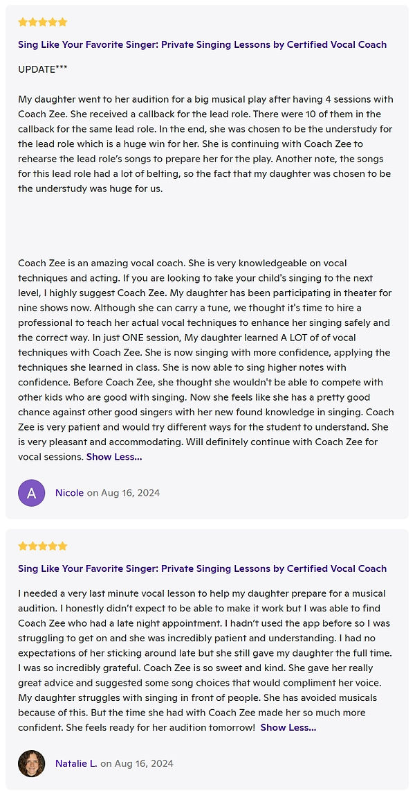 Zatcha Rodriguez, SAG-AFTRA Actress, Singer, Vocal and Acting Coach: Client Review
