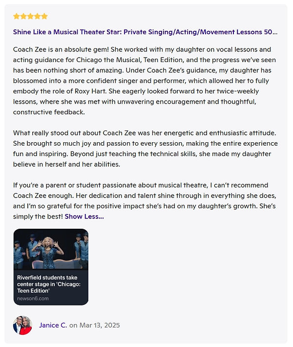 Zatcha Rodriguez, SAG-AFTRA Actress, Singer, Vocal and Acting Coach: Client Review