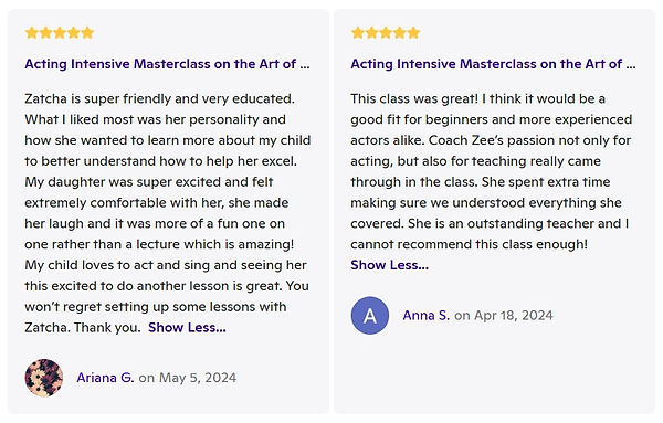 Zatcha Rodriguez, SAG-AFTRA Actress, Singer, Vocal and Acting Coach: Client Review