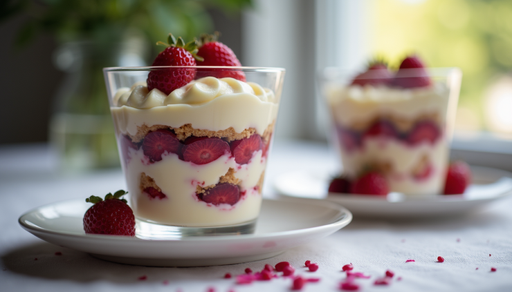 Eye-level view of a chilled berry trifle with layers of cake, cream, and fresh fruit