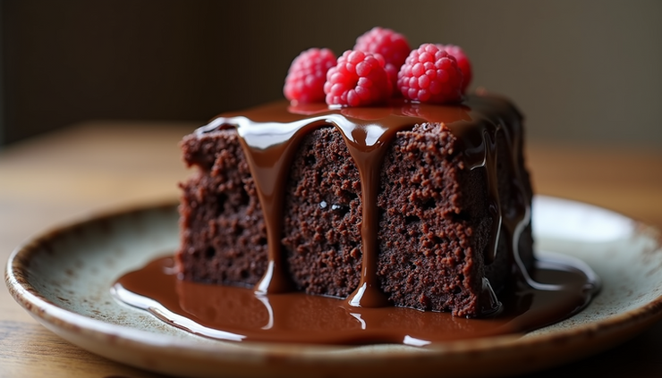 Close-up view of a warm chocolate cake with melting chocolate sauce