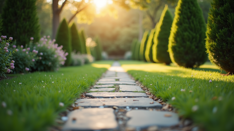 Eye-level view of a peaceful garden pathway