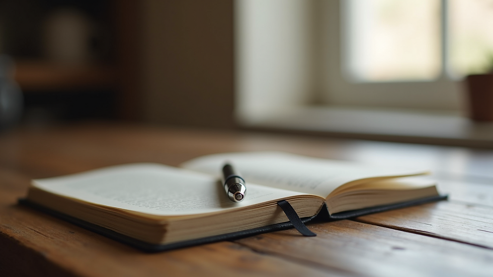 Close-up view of a journal and pen on a wooden table, symbolizing reflection and emotional healing
