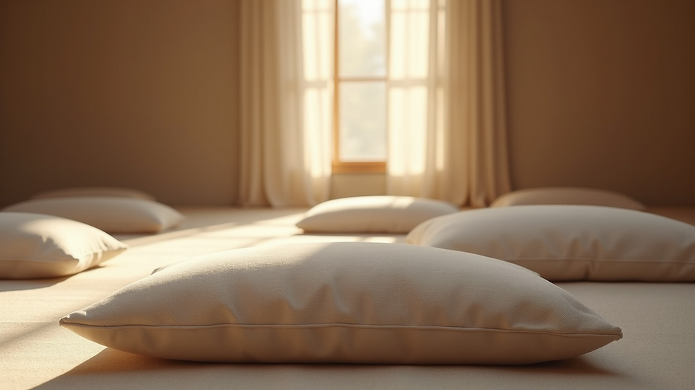 Eye-level view of a serene meditation space with cushions and soft lighting