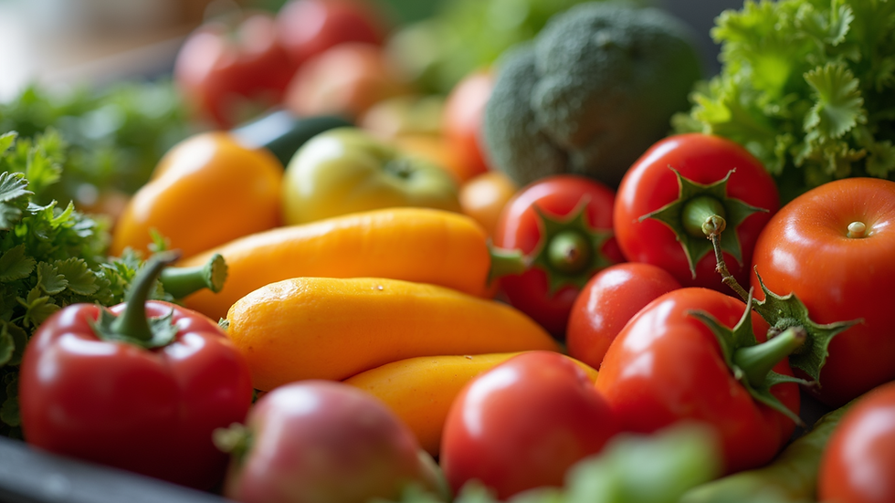 Eye-level view of a colorful fruit and vegetable assortment