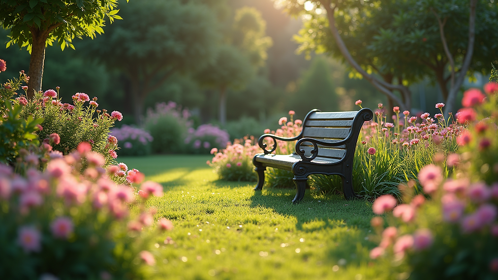 High angle view of a peaceful garden with blooming flowers and a bench