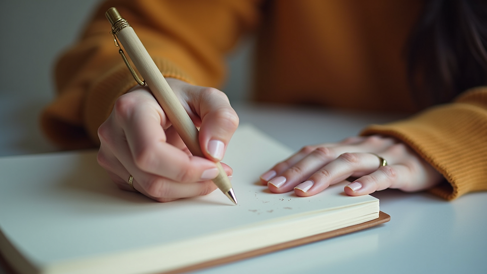 Close-up view of a person writing in a gratitude journal