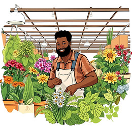 WHITE BACKGROUND, ILLUSATATION OF A BLACK MAN SHOPPING FOR PLANTS.jpg