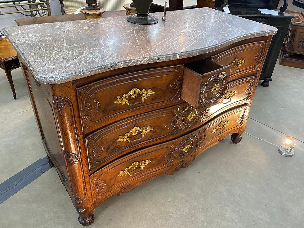 Thumbnail: 18th Century French Serpentine Marble Top Walnut Commode with Sunflowers