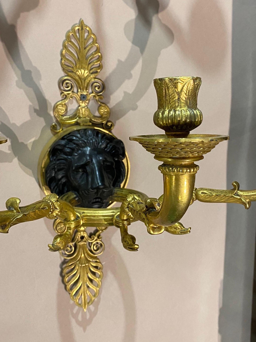 Thumbnail: Pair of Very Fine French Bronze Sconces with Lions Heads, Originally Gas