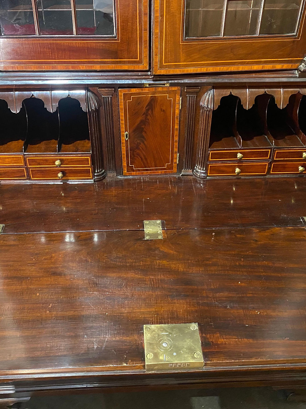 Thumbnail: Fine Inlaid Georgian Secretary with Falconer Pediment, Probably by Gillows