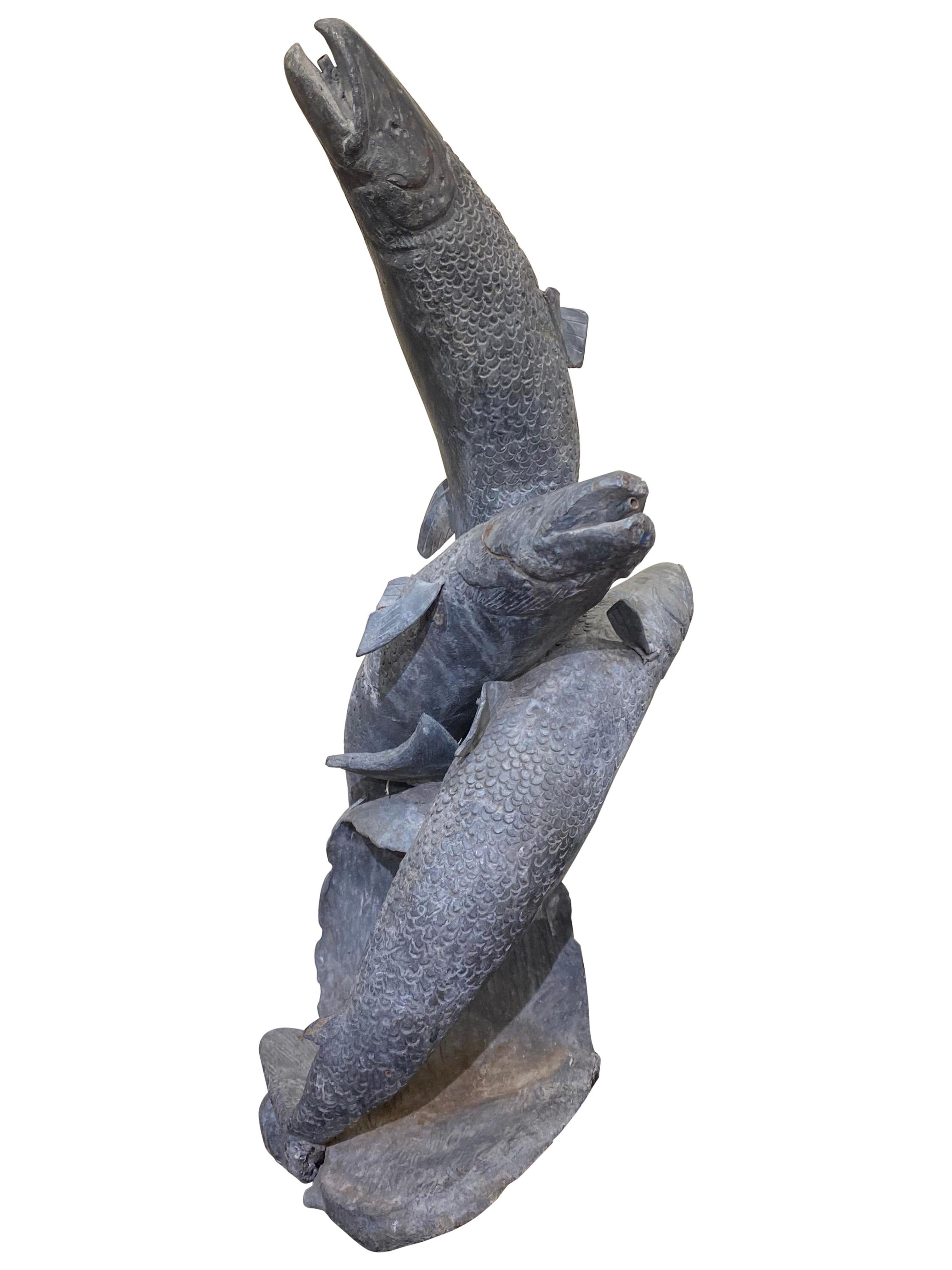 Great Quality Sculptural Lead Fountain of Three Swimming Trout