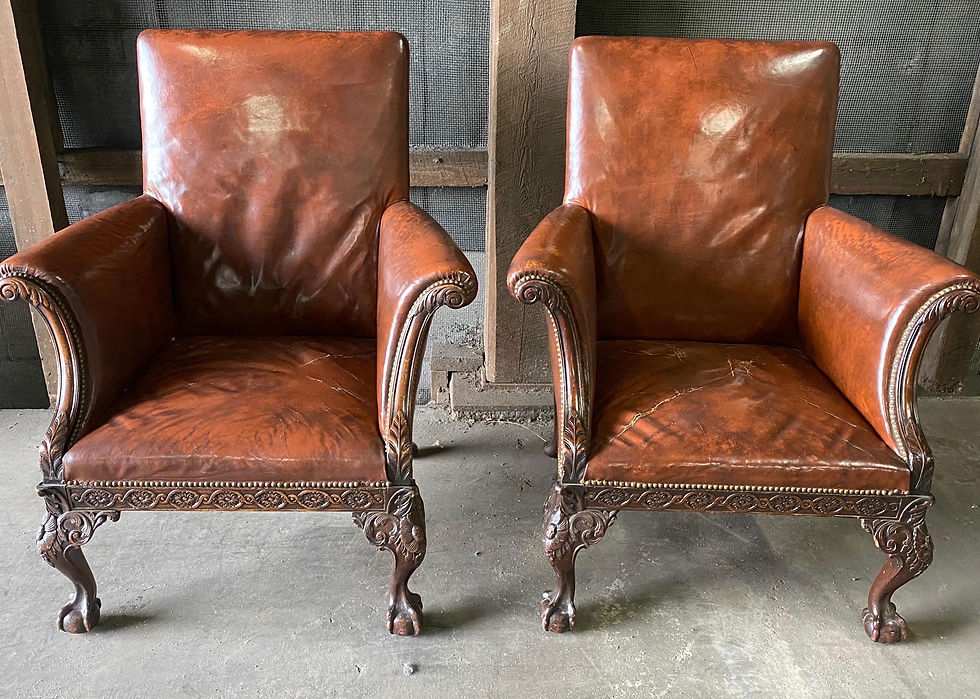 Thumbnail: Great Pair of 19th Century English Mahogany and Leather Armchairs
