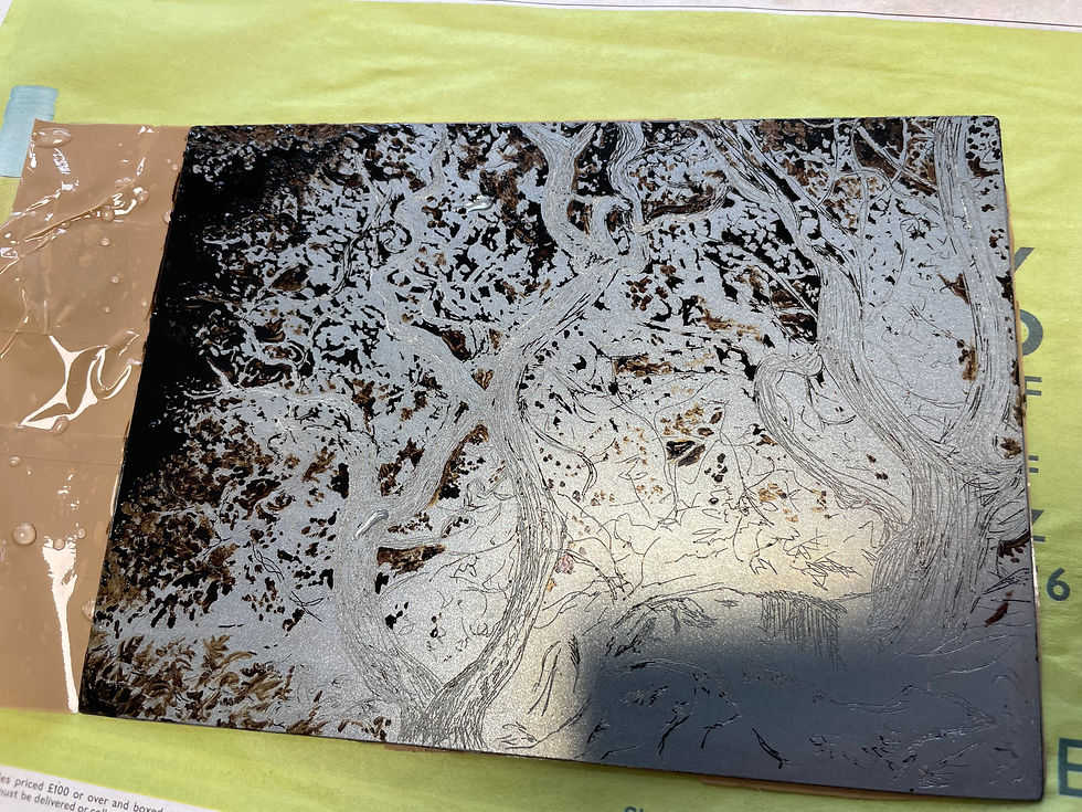 A rectangular silver metal plate with brown parcel tape stuck to one side, partly covered with carefully painted delicate dots of varnish
