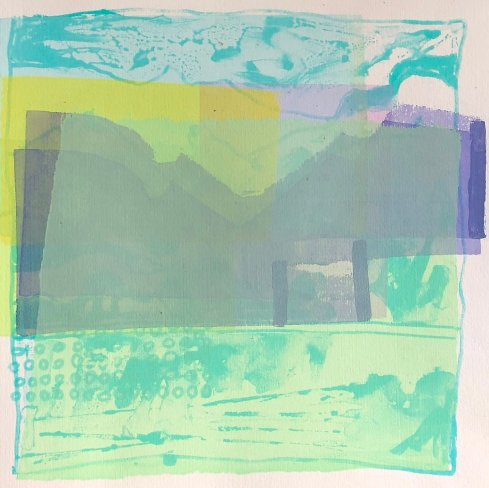 Transparent green and yellow squares and rectangles overlap in front of purple mountains and cyan blue water and sky outlines.