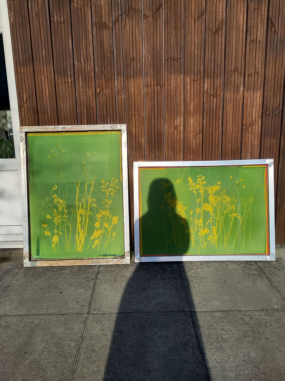 Green and yellow exposed screen print screens against a weathered boarded wall, with Ling's shadow cast over them