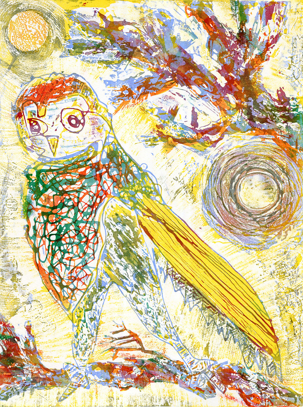 Expressive linocut print of an owl by Steve Edwards