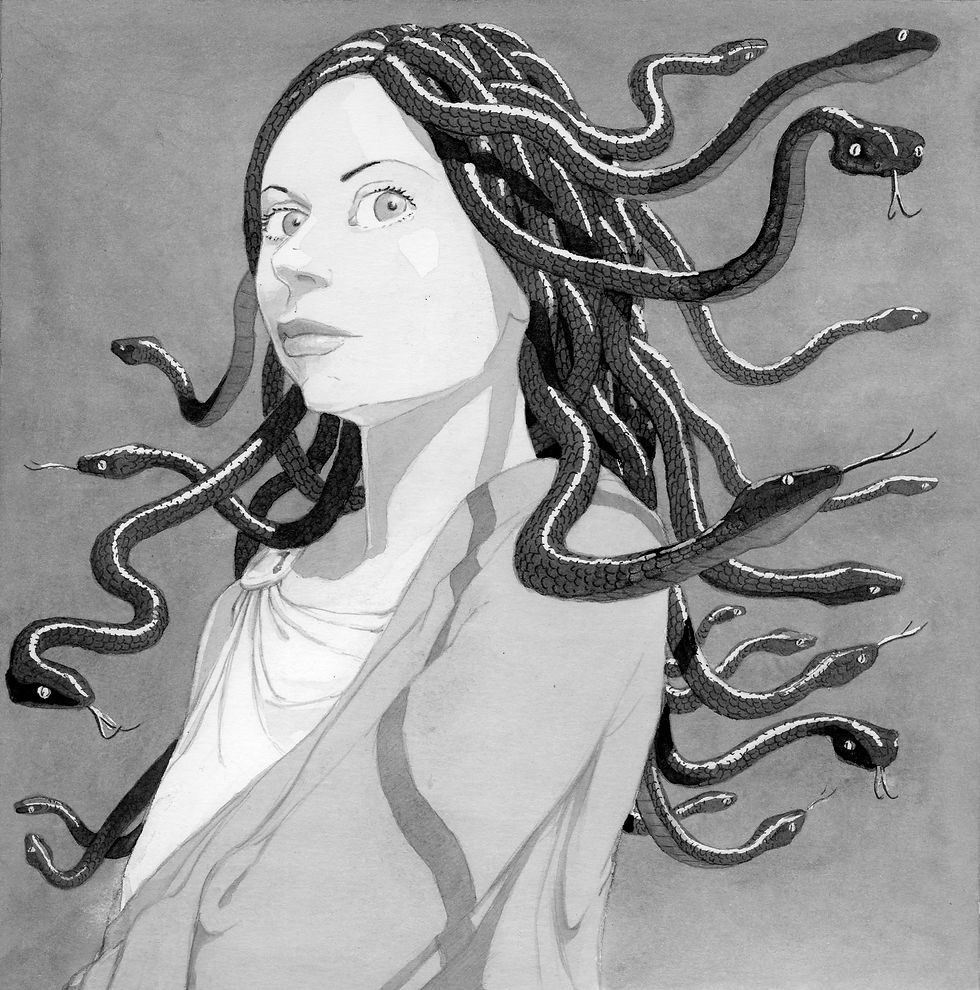 A snake-haired gorgan looks past the view, black and white sketch by Tim Major