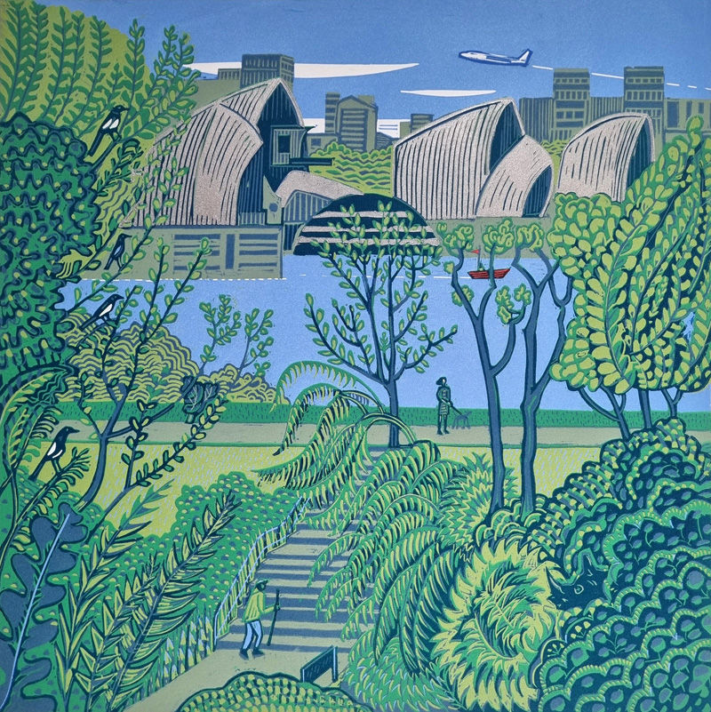 A small figure walks with a stick towards some stairs in a park while a woman walks her dog on the path. The river is blue behind them and the Thames Barrier dominates the horizon.